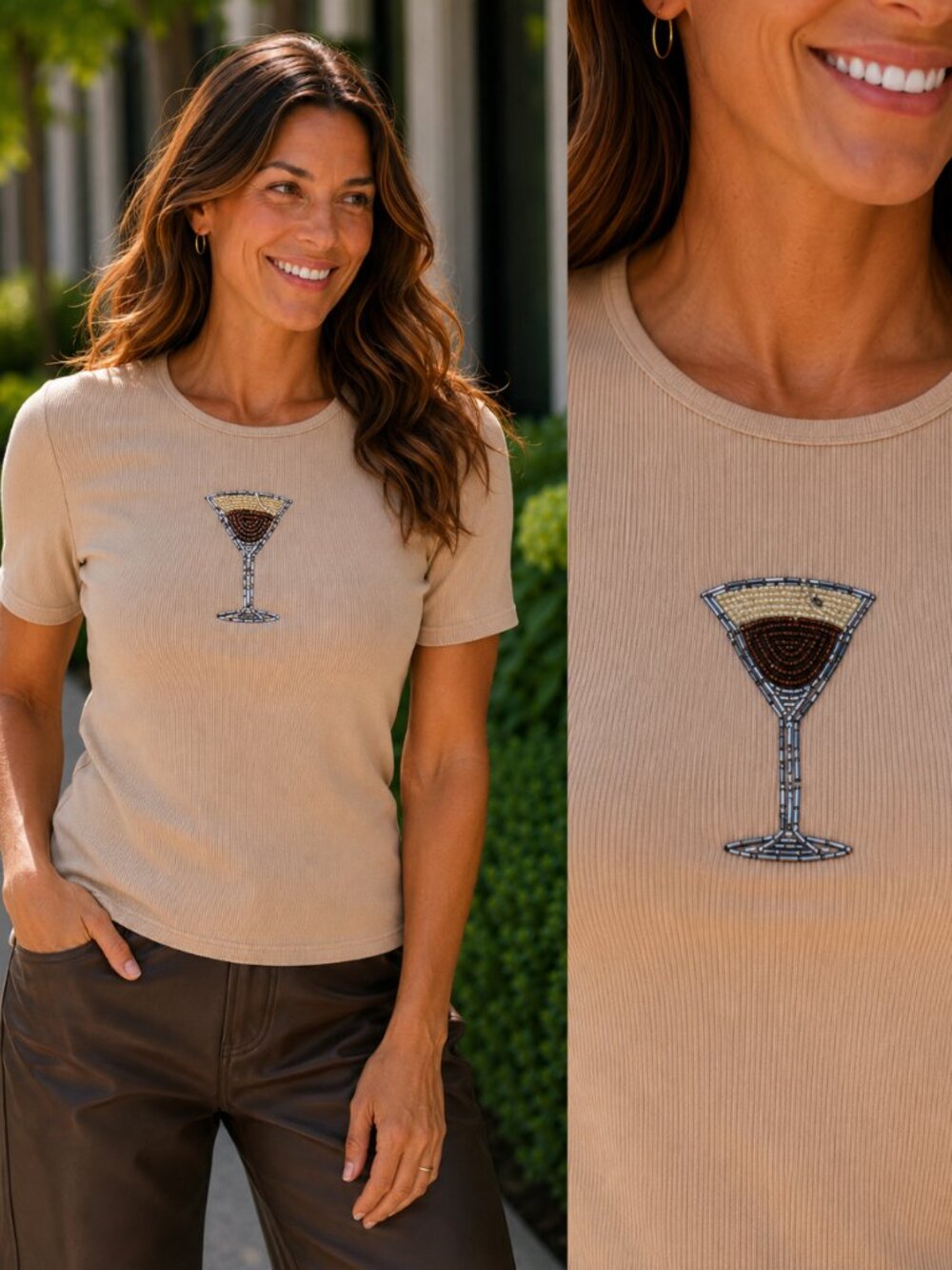 Espresso Martini Round Neck Rib Top | Women's Shirt | Crewneck Fitted Beaded